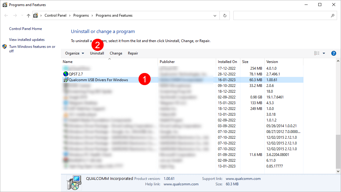 Program and Features Qualcomm USB Driver Uninstall